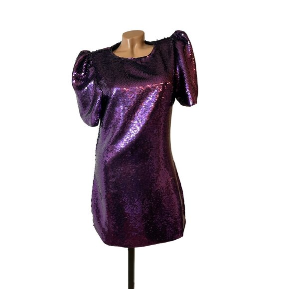 Cavender's Dresses & Skirts - Purple Sequin Party Dress L Puff Sleeve Holiday Cocktail Glam Sparkle Mini